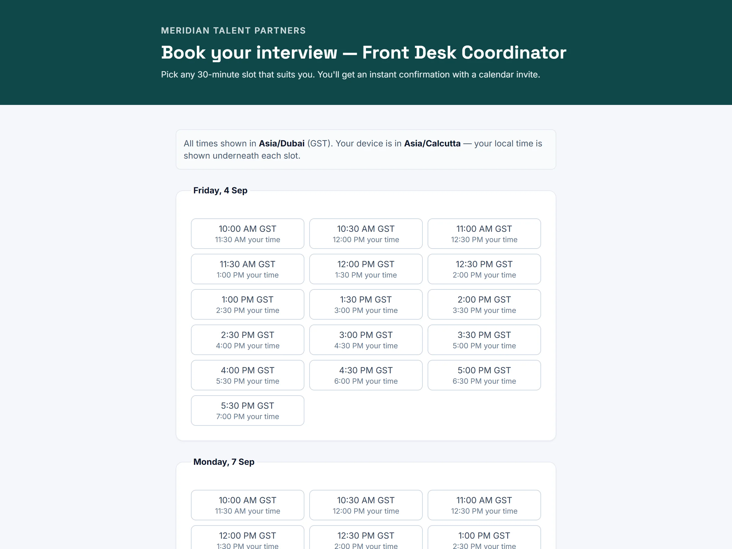 A candidate interview booking page showing available time slots and a confirmed booking.
