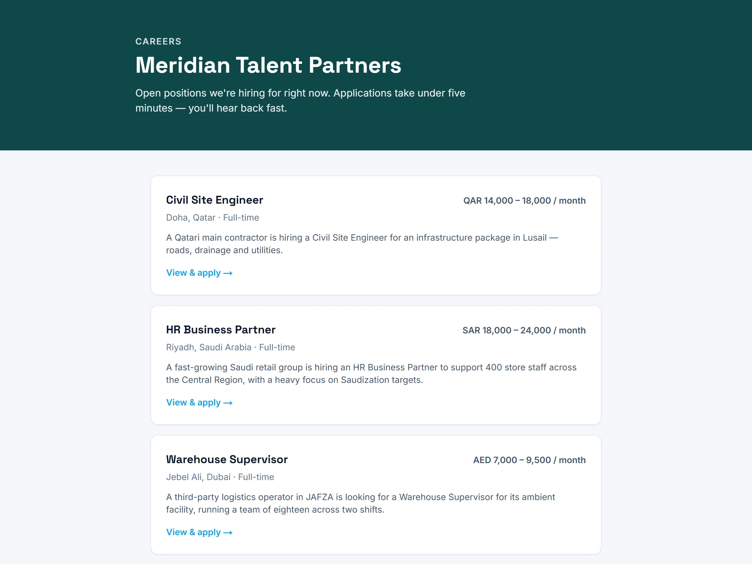 An agency-branded careers page listing open roles with salaries and locations.