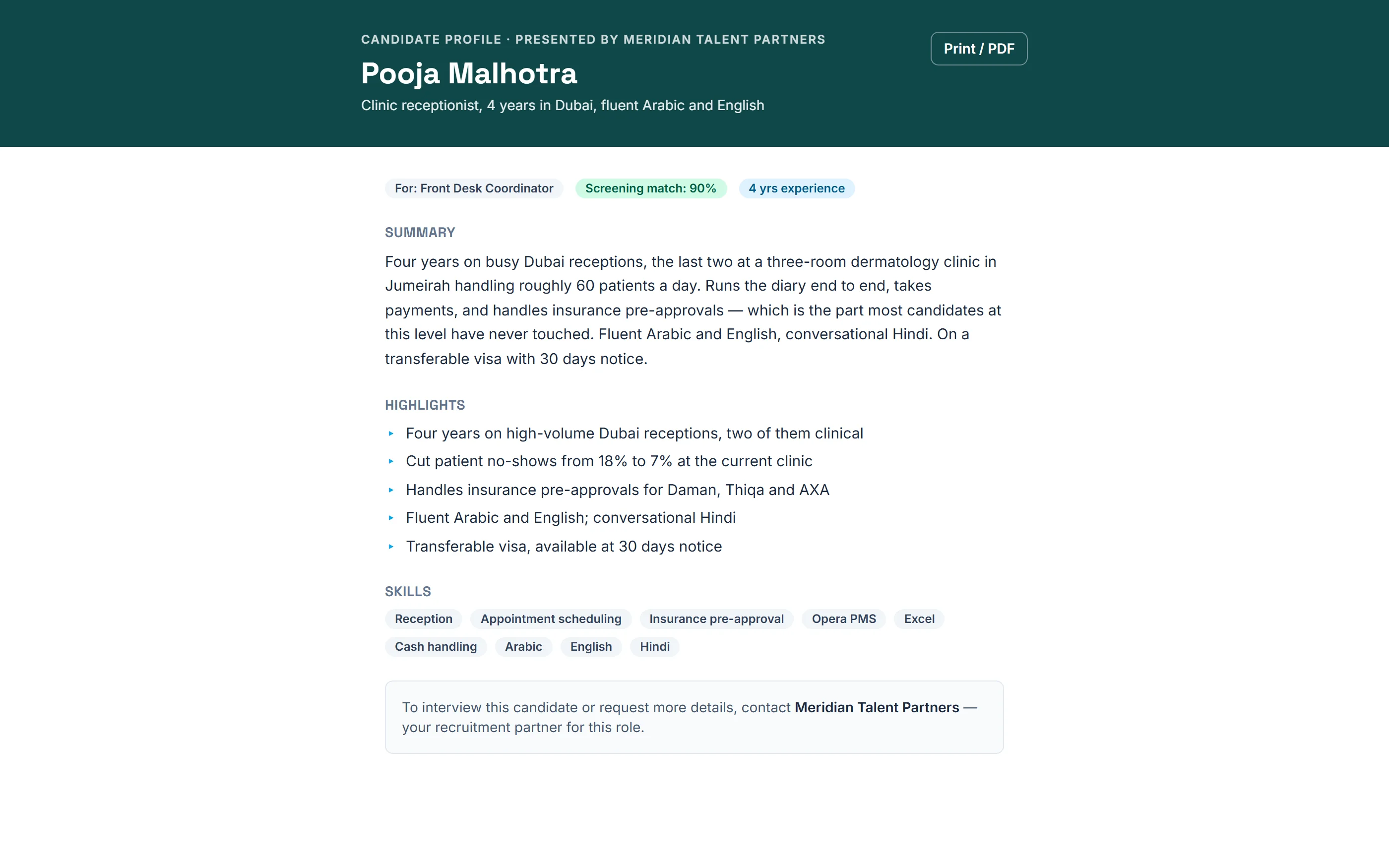 A client-ready candidate profile in an agency's own brand colour, showing a summary, highlights and skills, with no contact details anywhere on the page.