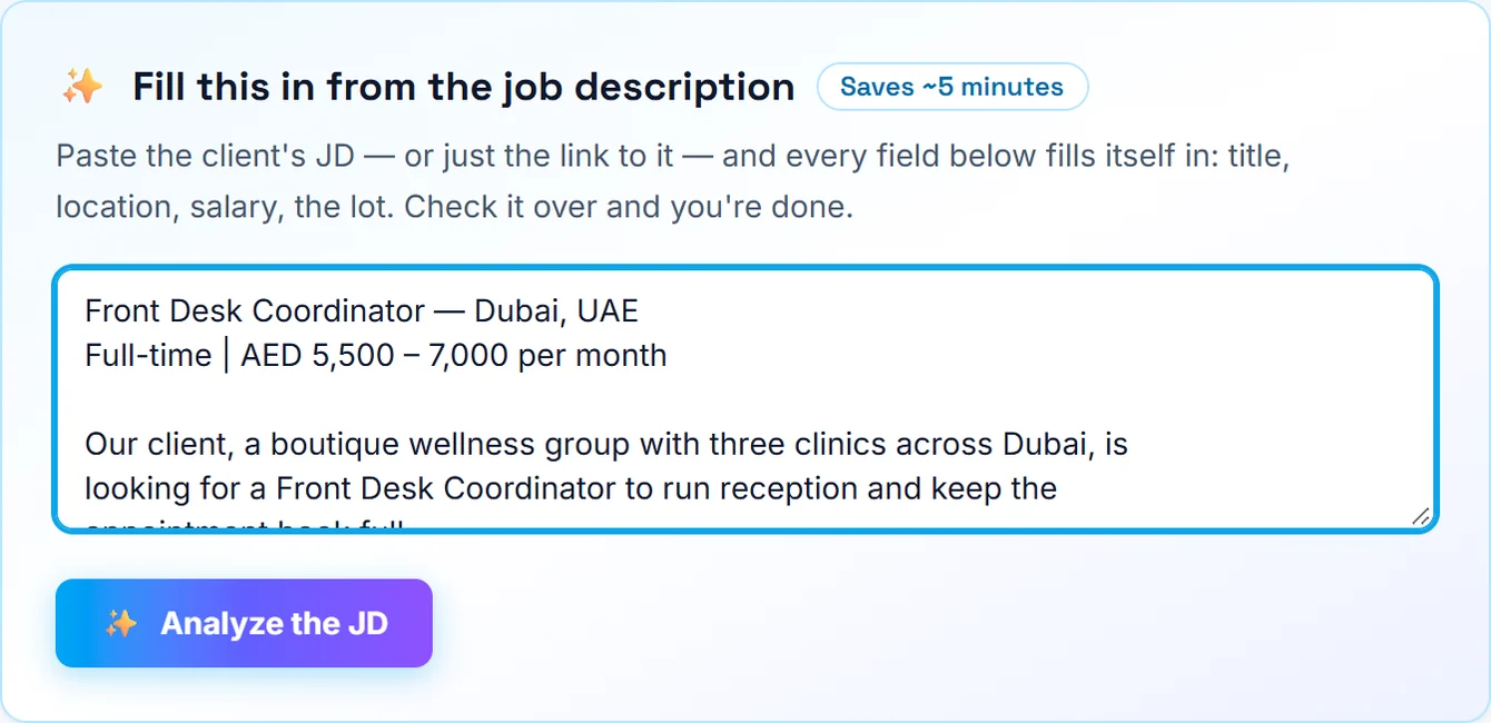The job intake panel: paste a client's job description and every field below fills itself in.