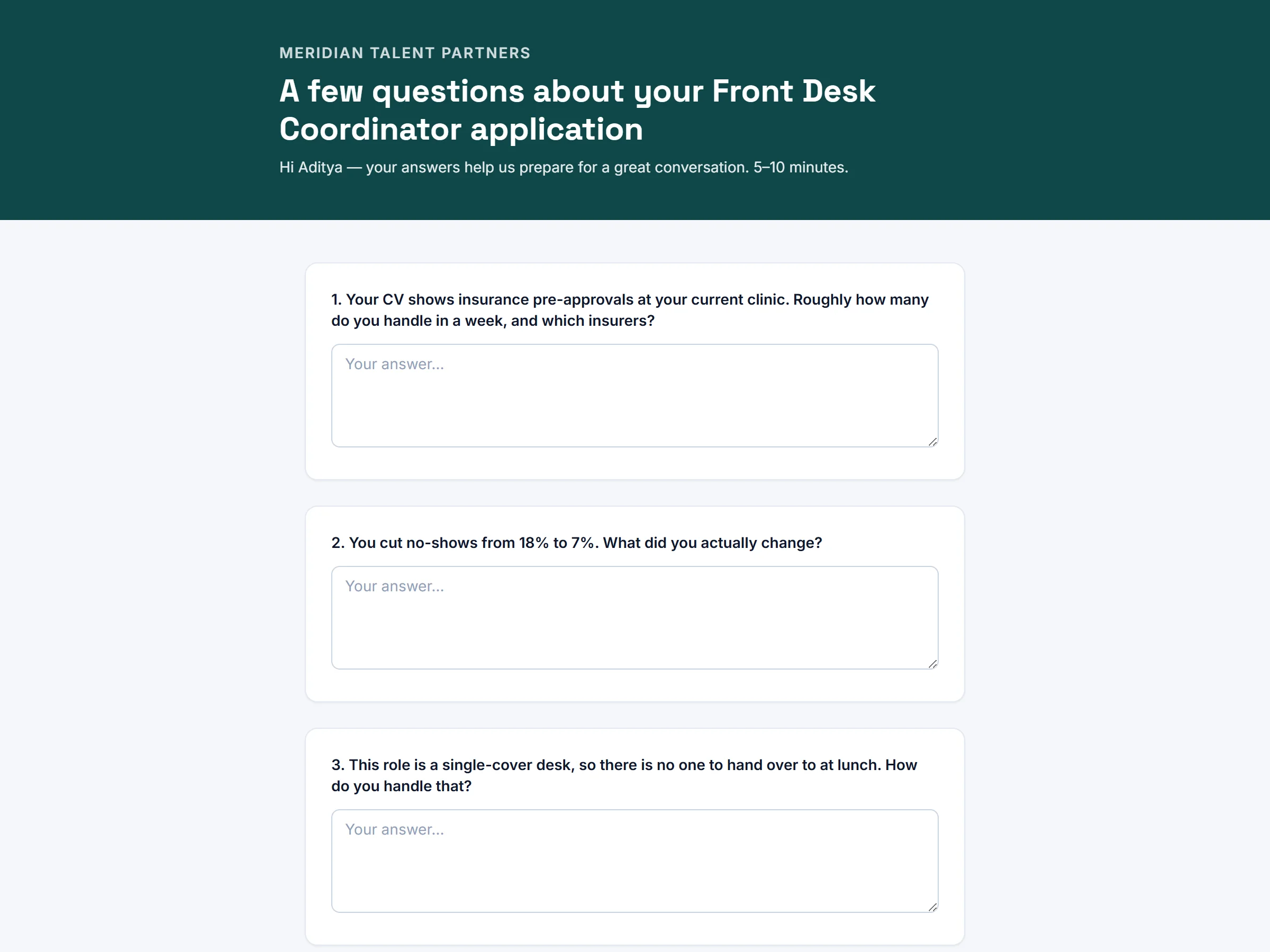 A candidate questionnaire page with tailored questions and free-text answer boxes.