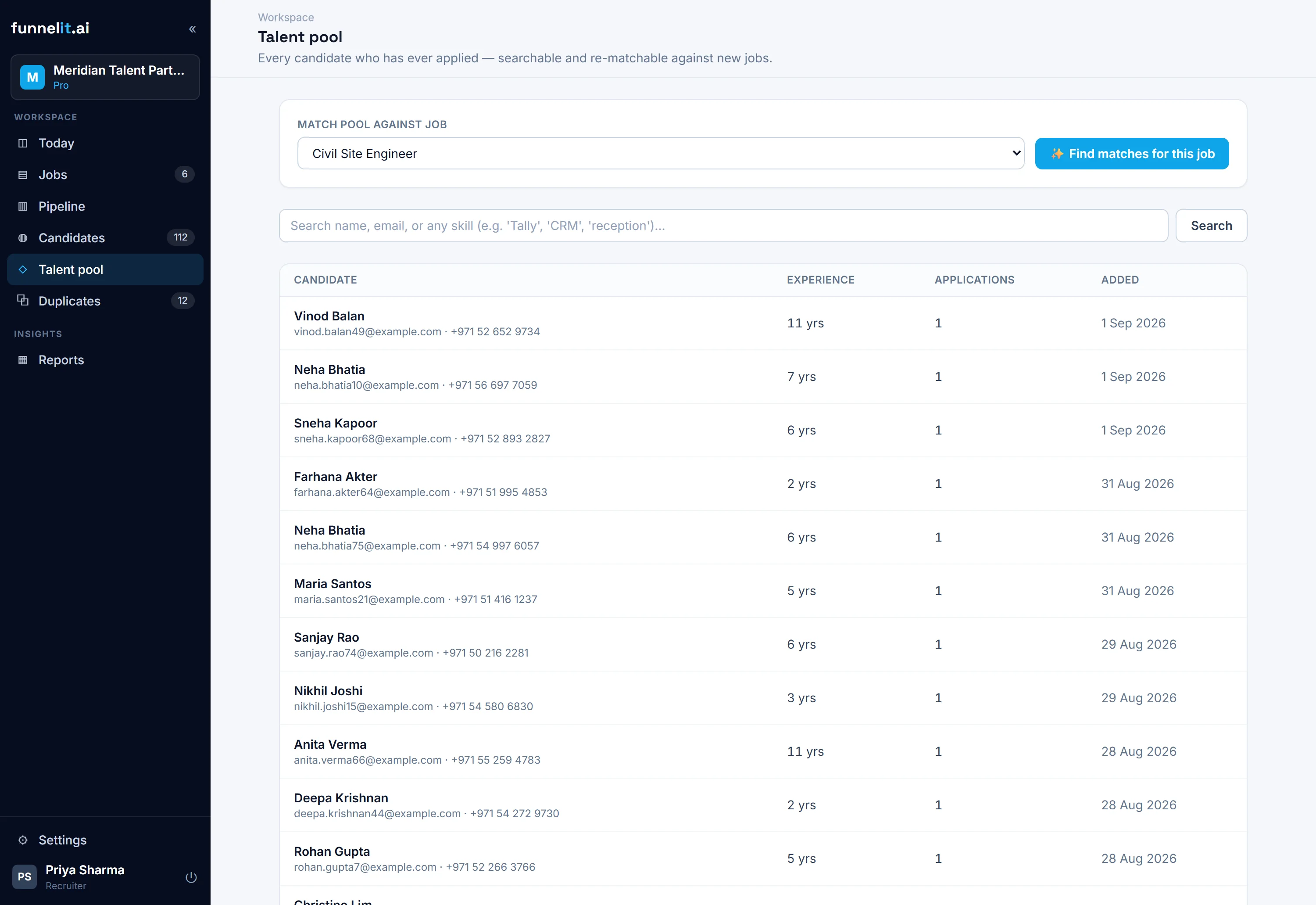 The FunnelIt talent pool matcher listing past candidates ranked against a new job, each with a match score and reason, beside a bulk CV-refresh campaign panel.