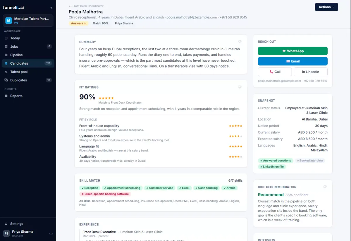A screen recording scrolling through a candidate record in FunnelIt: the AI-written summary, a 90% fit score with a star rating per role angle, the matched and missing skills, and the experience timeline.