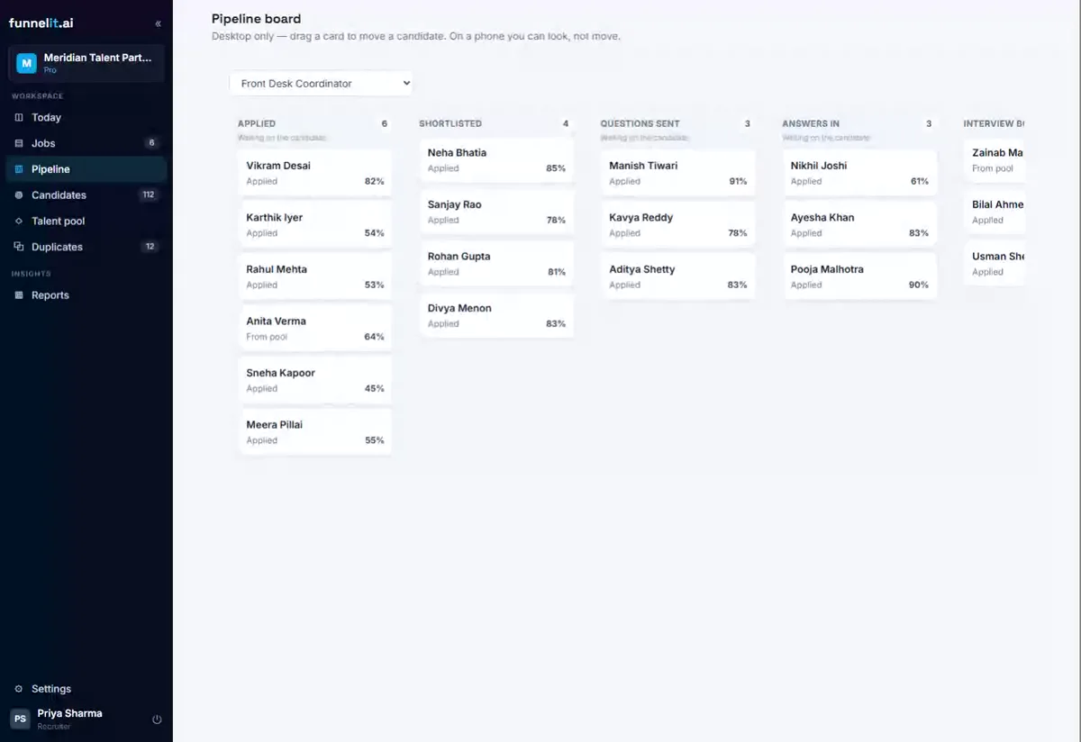 A screen recording of a candidate card being dragged from Applied to Shortlisted on the FunnelIt board, raising a dialog that shows the exact email about to be sent and a tickbox to move the candidate without sending it.